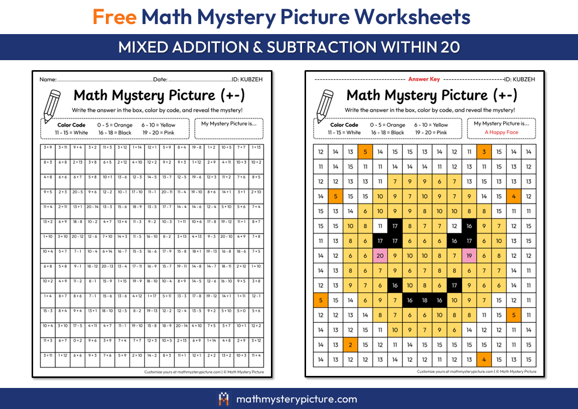 Printable Happy Face Math Mystery Picture: Mixed Addition & Subtraction ...