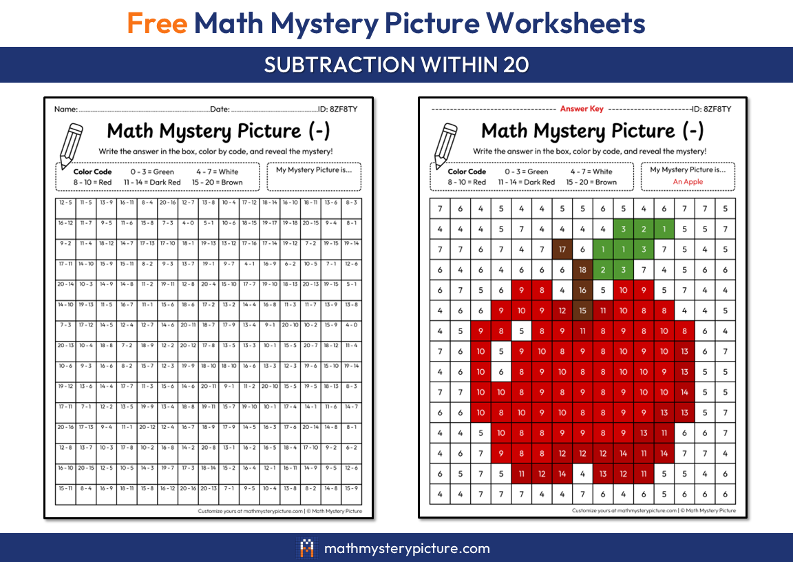 Printable Apple Math Mystery Picture: Subtraction Within 20 — Math ...
