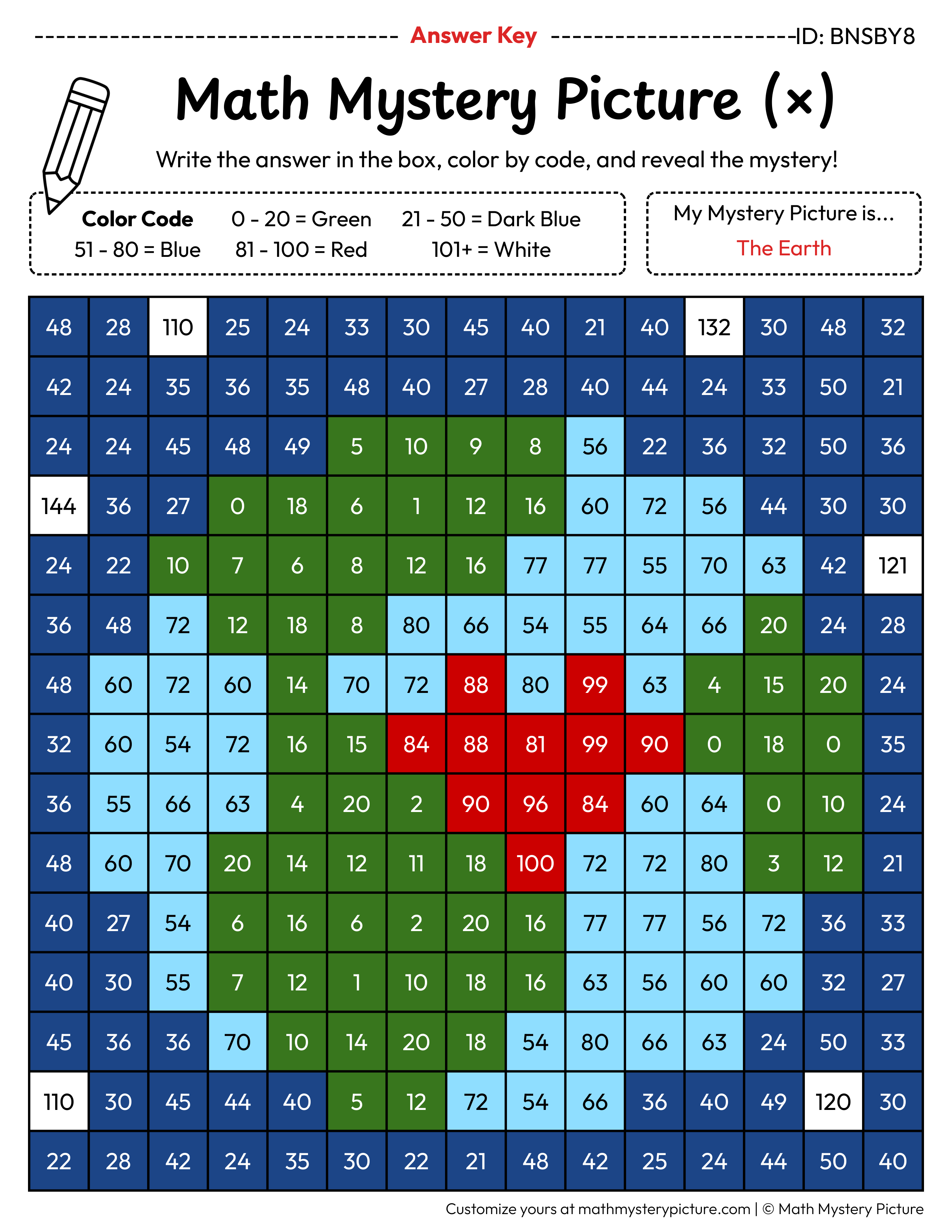 Picter Math Printable Earth Multiplication Facts Color by Number — Math Mystery Picture