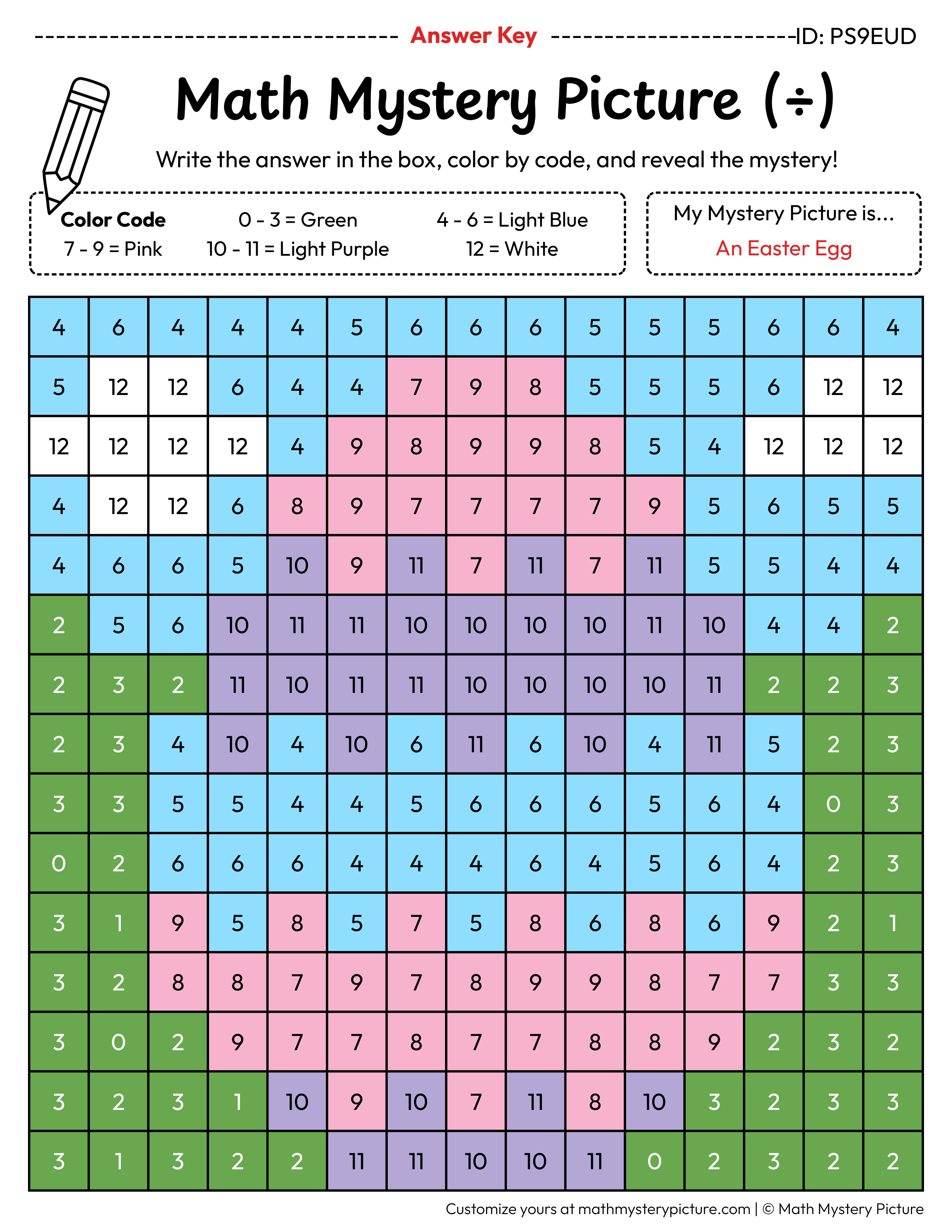Picter Math Printable Easter Egg Division Facts Color by Number — Math Mystery Picture