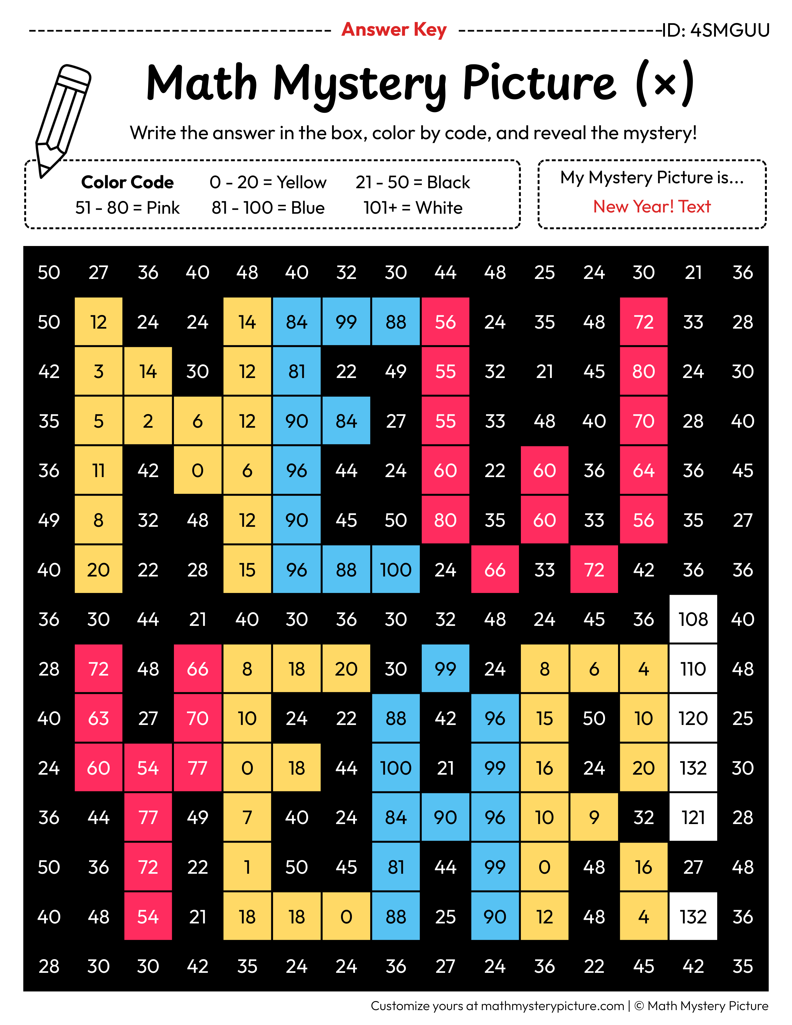 Picter Math Printable New Year Multiplication Facts Color by Number — Math Mystery ...