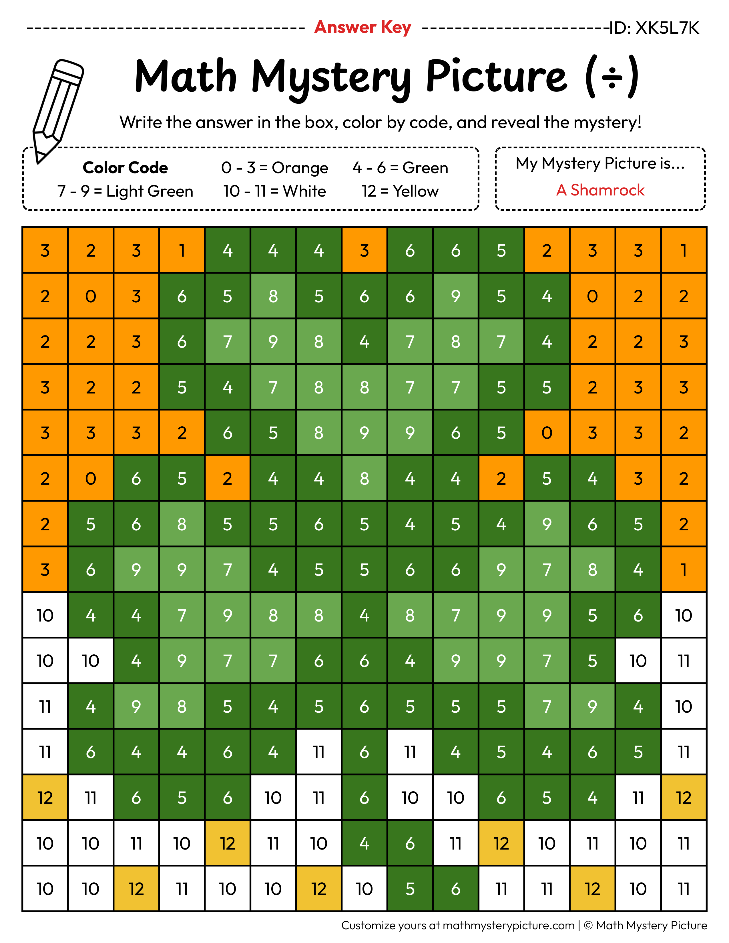 Picter Math Printable Shamrock Division Facts Color by Number Worksheet — Math ...