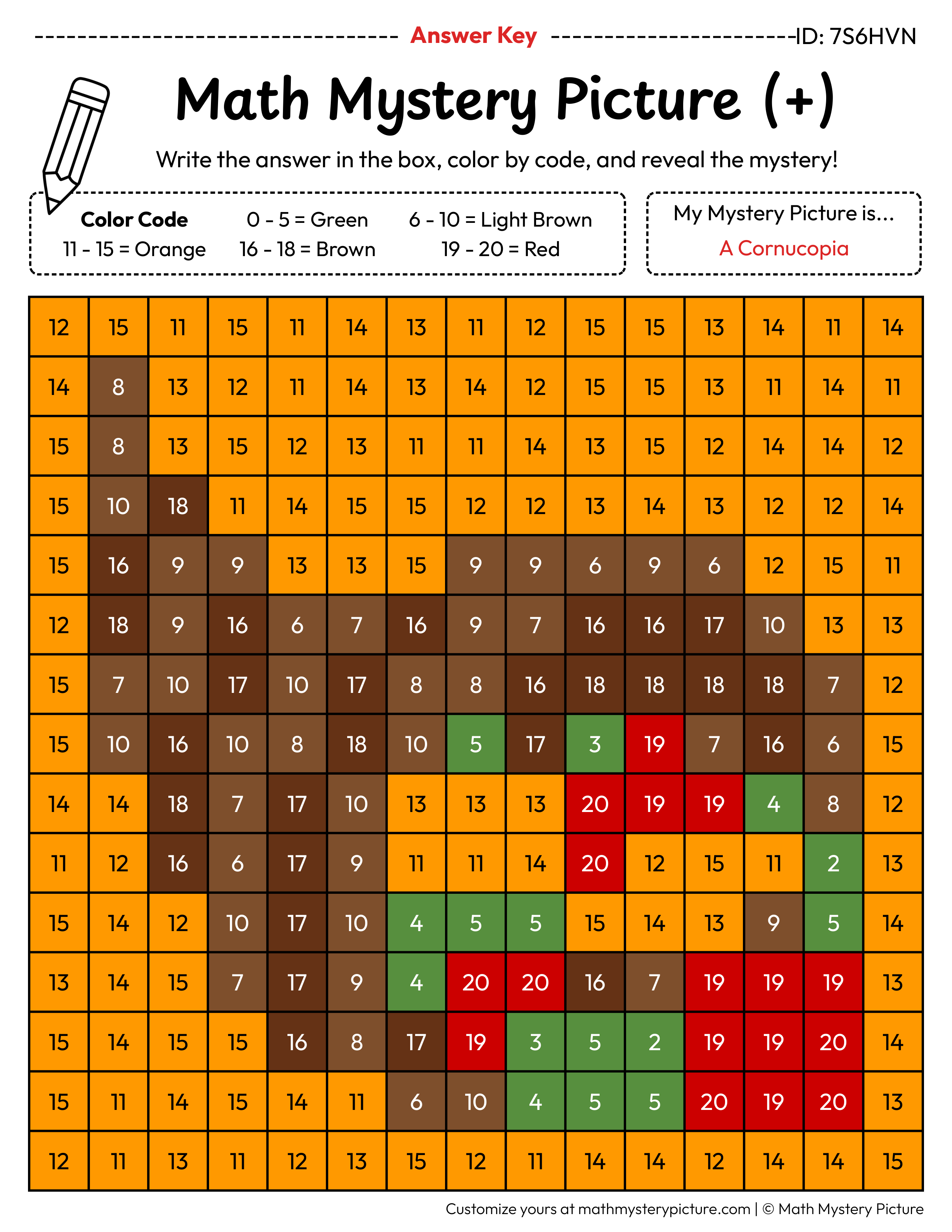 Picter Math Printable Cornucopia Addition Within 20 Color by Number — Math Mystery ...