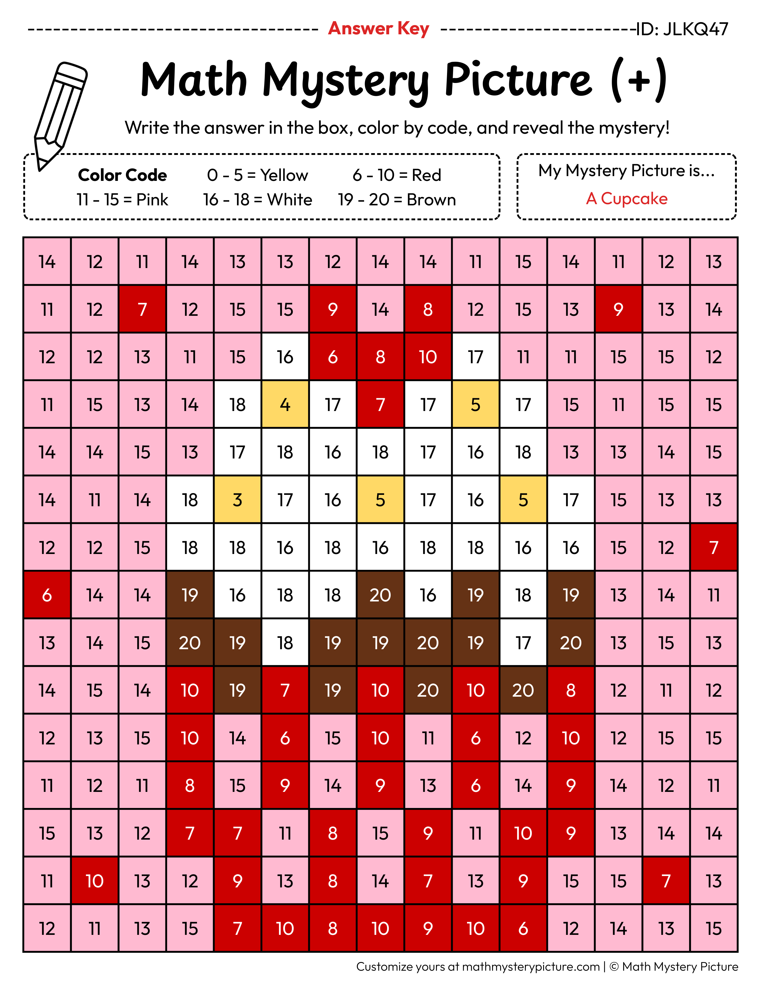 Picter Math Printable Cupcake Addition Within 20 Color by Number — Math Mystery Picture