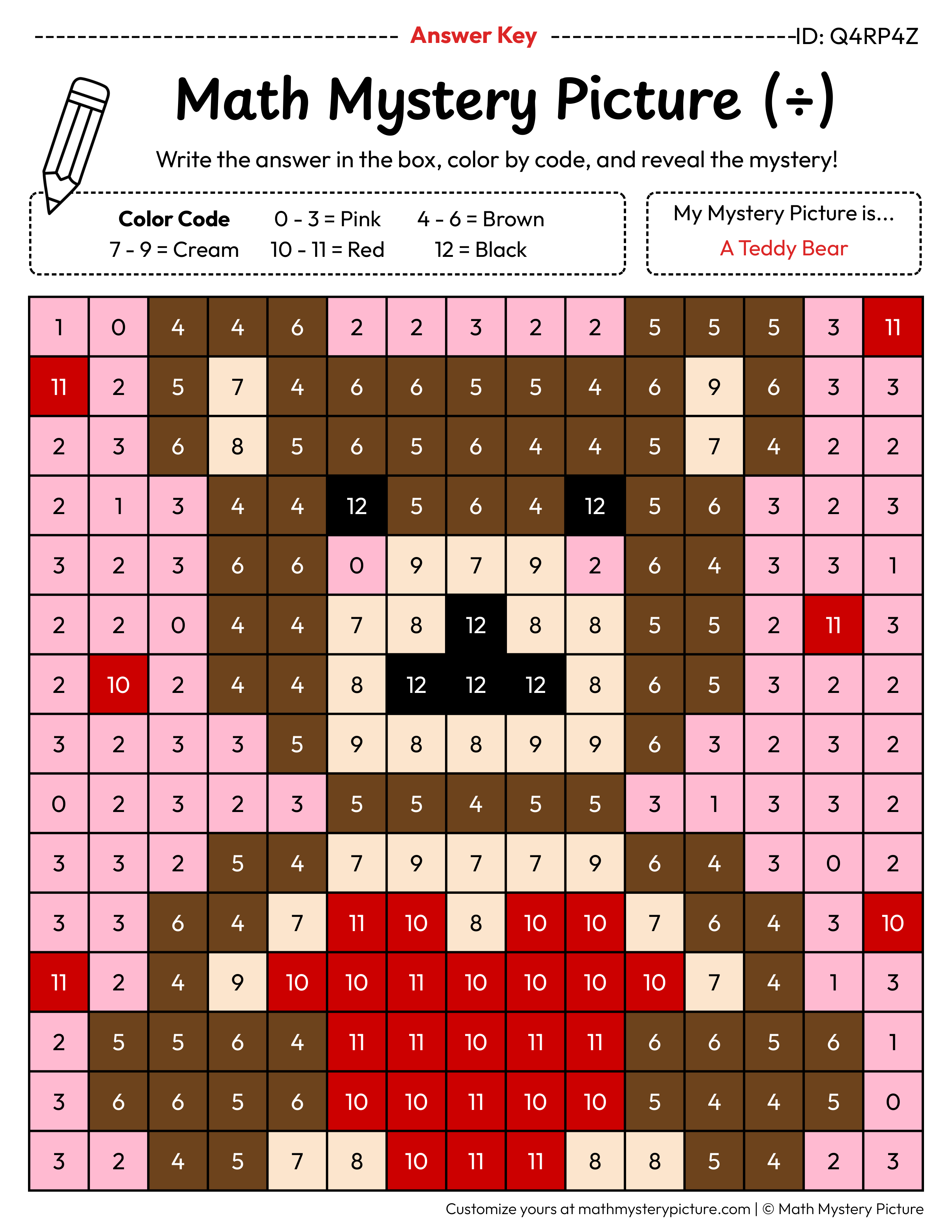 Picter Math Printable Teddy Bear Division Facts Color by Number — Math Mystery Picture